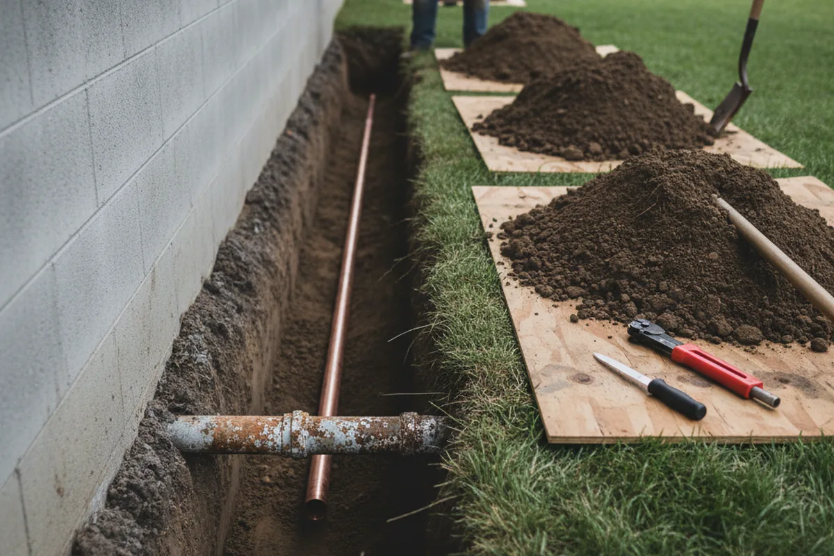 Excavated water line trench during Sewer Line Repair in Ryan